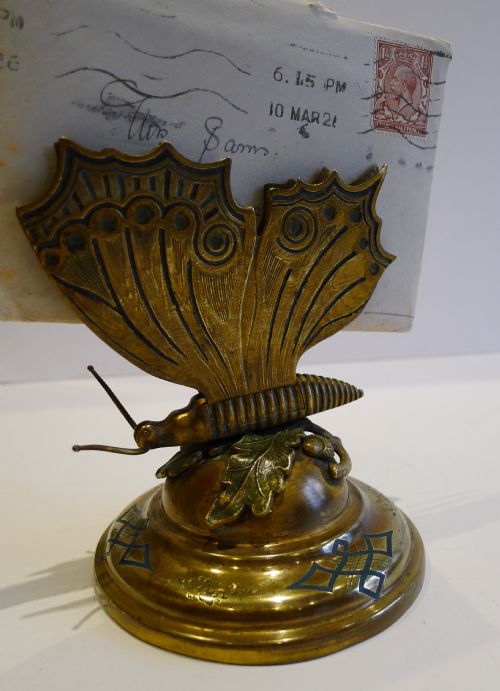 Antique English Gilded Brass & Enamelled Figural Letter Rack or Holder C.1880 - Butterfly