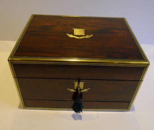 Antique English Brass Bound Rosewood Jewellery Box C.1850