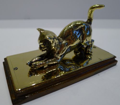 fig 1. Antique English Oak & Polished Brass Cat Chasing Mouse - Letter or Note Clip c.1880