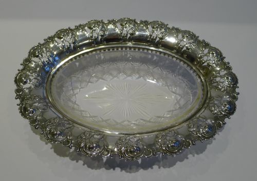 Antique English Cut Glass & Silver Plated Art Nouveau Dish or Bowl C.1900