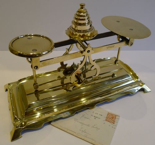 Grand Large Victorian English Cast Brass Postal or Letter Scales C.1890
