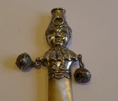 Antique English Figural Sterling Silver & Mother of Pearl Baby Rattle / Whistle - 1895