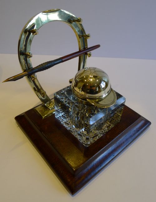 Antique English Equestrian Jockey Inkwell / Inkstand with Horse Shoe Pen Rest C.1890