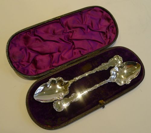Boxed Large Pair Antique English Sterling Silver Jam / Preserve Spoons - 1899