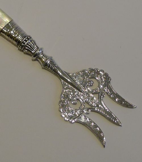 fig 1. Antique English Sterling Silver & Mother of Pearl Bread Fork - Chester 1899