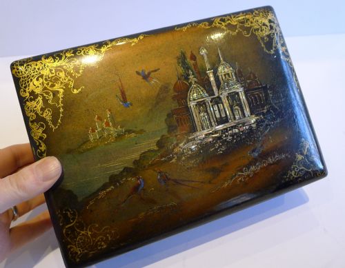 Exotic Antique English Hand Painted & Gilded Papier Mache Jewellery Box C.1860 - Original Interior