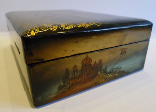 fig 1. Exotic Antique English Hand Painted & Gilded Papier Mache Jewellery Box c.1860 - Original Interior