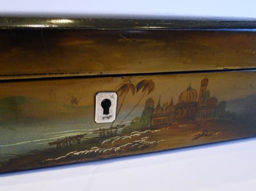 fig 2. Exotic Antique English Hand Painted & Gilded Papier Mache Jewellery Box c.1860 - Original Interior