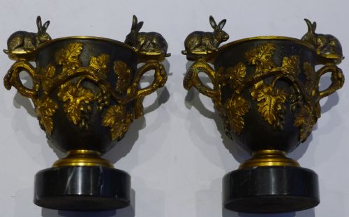 Magnificent & Charming Pair Small Gilded Bronze Urns - Rabbits C.1860