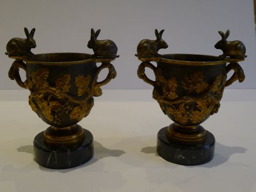 fig 1. Magnificent & Charming Pair Small Gilded Bronze Urns - Rabbits c.1860
