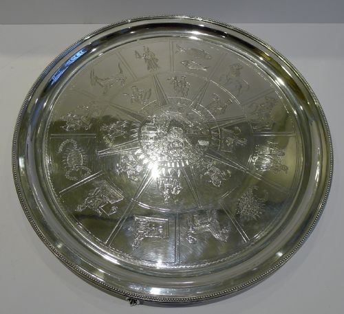 Rare Antique English Silver Plated Salver / Tray - Astrological Zodiac Wheel C.1890