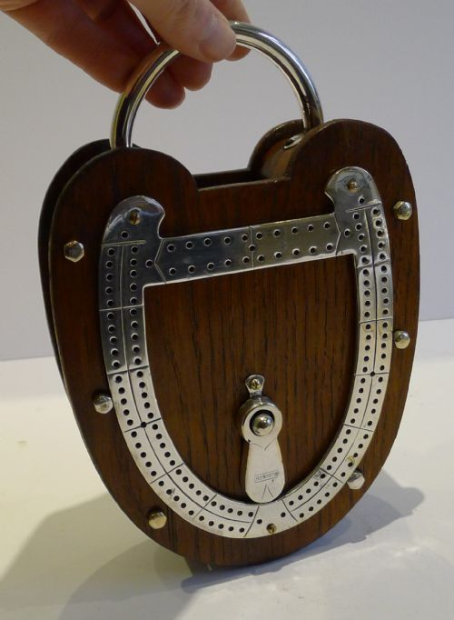 Rare Antique Figural Cribbage Board / Card Box - Padlock - Reg. 1884