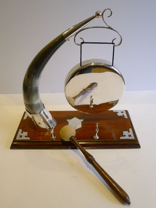 Grand Antique English Oak, Horn & Silver Plated Dinner Gong by Walker & Hall C.1890