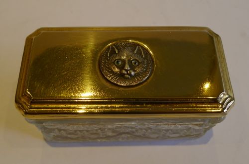Antique English Glass & Brass Box - Cat with Original Glass Eyes C.1911
