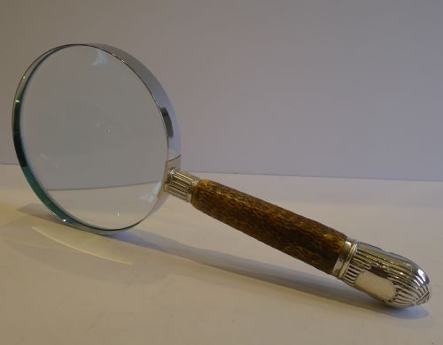 Grand Antique English Antler Horn & Sterling Silver Magnifying Glass