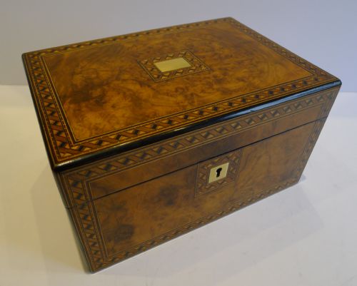 Antique English Burl Walnut and Tunbridge Inlaid Table or Desk Box C.1860