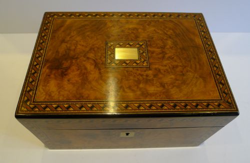 fig 1. Antique English Burl Walnut and Tunbridge Inlaid Table or Desk Box c.1860