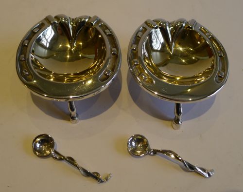 Pair Antique English Equestrian Horseshoe Open Salts with Spoons by Roberts & Belk C.1890