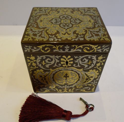 Magnificent Antique French Tea Caddy - Brass & Pewter Inlaid C.1850