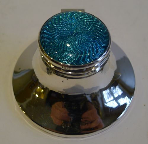 English Sterling Silver & Guilloche Enamel Inkwell - Birmingham 1920