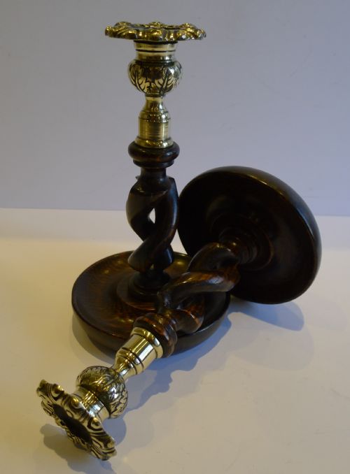 Pair 8" Antique English Oak Open Barley Twist Candlesticks - Brass Thistle Tops
