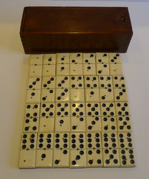 Antique English Boxed Set Bone & Ebony Wood Dominoes C.1890