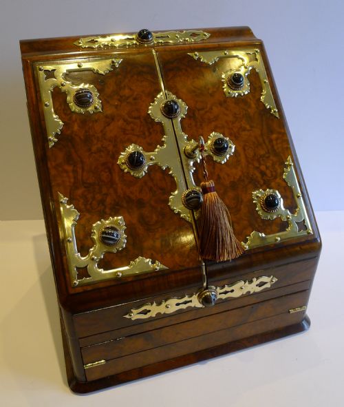 Grand Antique English Burl Walnut Stationery Cabinet / Writing Box - Brass & Agates C.1880