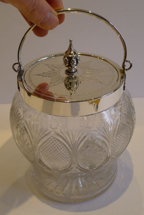 Pretty Antique English Cut & Engraved Biscuit Barrel / Box C.1890