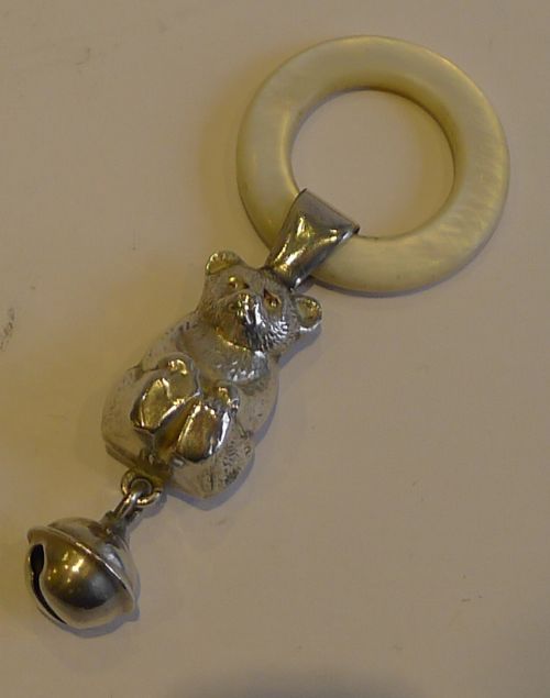 Antique English Sterling Silver & Mother of Pearl Baby Rattle - Teddy Bear