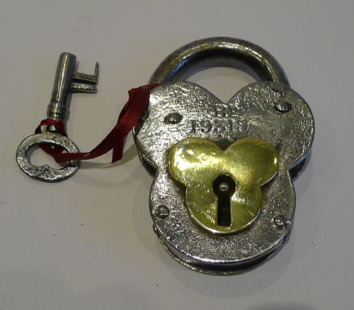 Large Antique English Shaped Steel & Brass Padlock - Registered for 1884