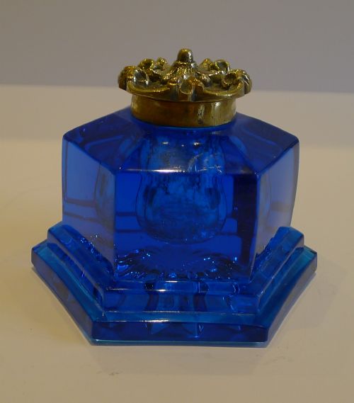 Large Antique English Peacock Blue Inkwell C.1890