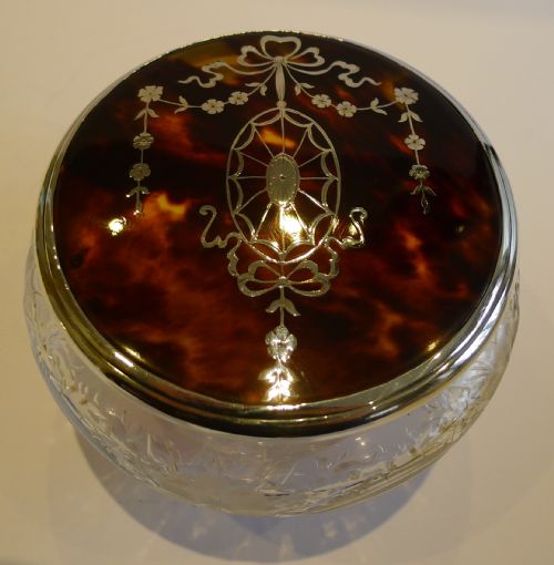 Stunning Footed Powder Bowl - Floral Engraved Crystal - Sterling & Tortoiseshell Lid