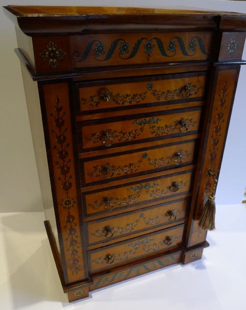 Magnificent Antique English Rosewood & Satinwood Miniature Wellington Chest C.1860 - Hand Painted