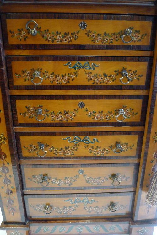 fig 1. Magnificent Antique English Rosewood & Satinwood Miniature Wellington Chest c.1860 - Hand Painted