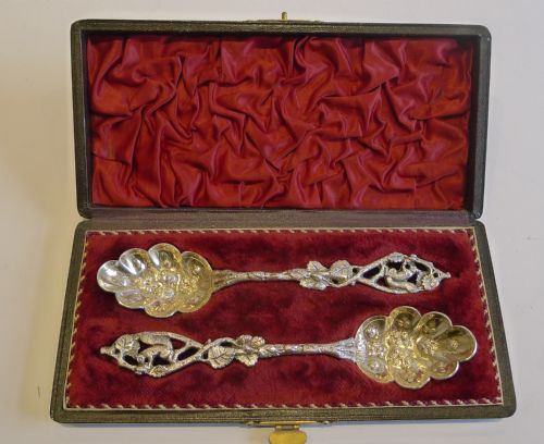 Charming Boxed Pair Silver Plated Jam / Preserve Spoons - Squirrels & Acorns C.1890