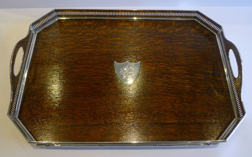 Stunning Antique English Solid Oak & Silver Plate Serving Tray C.1890/1900
