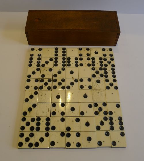 Antique English Boxed Set Bone & Ebony Wood Dominoes C.1890
