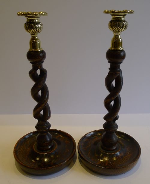 Pair Antique English Oak Open Barley Twist Candlesticks - Brass Thistle Tops