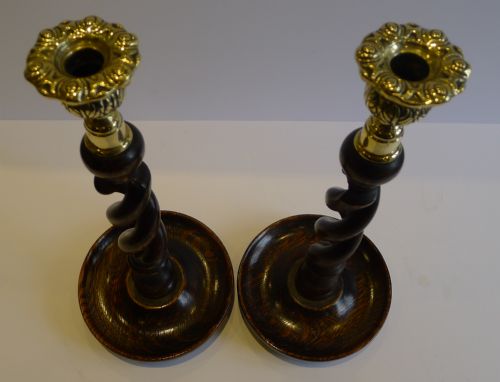 fig 1. Pair Antique English Oak Open Barley Twist Candlesticks - Brass Thistle Tops