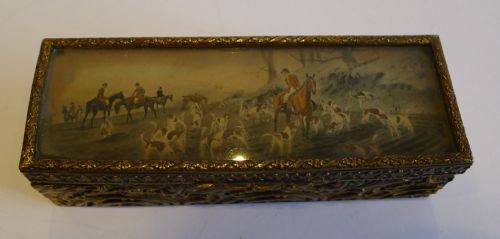 fig 1. Antique English Gilt Box c.1900 - Hand Painted Hunt Scene