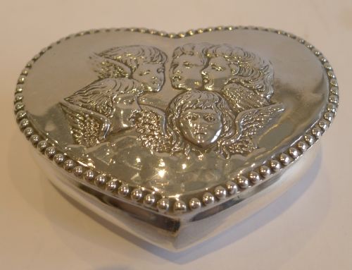 fig 1. Antique English Heart Shaped Sterling Silver Box - Reynold's Angels - 1898