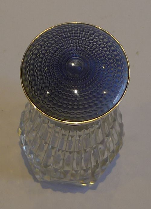 Cut Crystal, English Sterling Silver & Lilac Guilloche Enamel Perfume Bottle