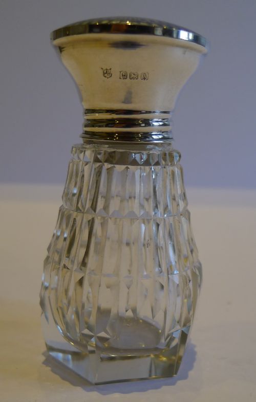 fig 1. Cut Crystal, English Sterling Silver & Lilac Guilloche Enamel Perfume Bottle