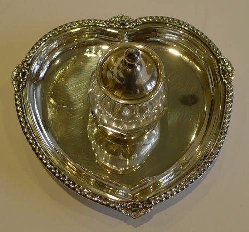 Antique English Sterling Silver Heart Shaped Inkstand with Cut Crystal Inkwell - 1903