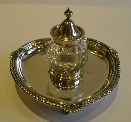fig 1. Antique English Sterling Silver Heart Shaped Inkstand With Cut Crystal Inkwell - 1903