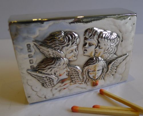 Large Antique English Sterling Silver Match Box Cover - Reynold's Angels - 1905