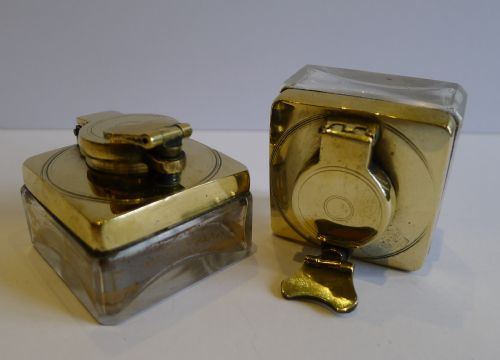Pair Antique English Travel or Campaign Brass-topped Inkwells C.1840