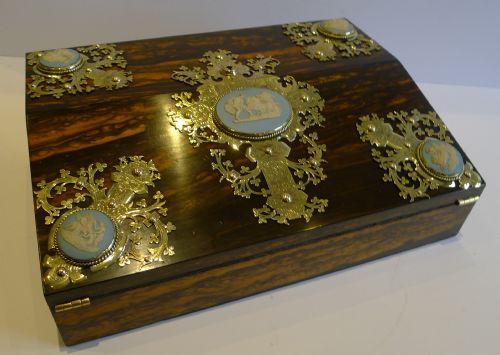 Antique English Coromandel Lap Desk / Writing Slope - Wedgwood Plaques C.1860 - Secret Drawers