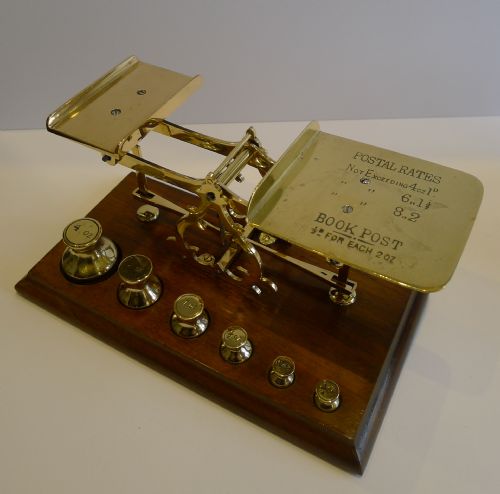 Antique English Mahogany & Brass Postal Scales - Fabulous Waisted Dump Weights