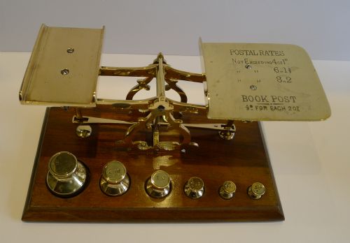fig 1. Antique English Mahogany & Brass Postal Scales - Fabulous Waisted Dump Weights